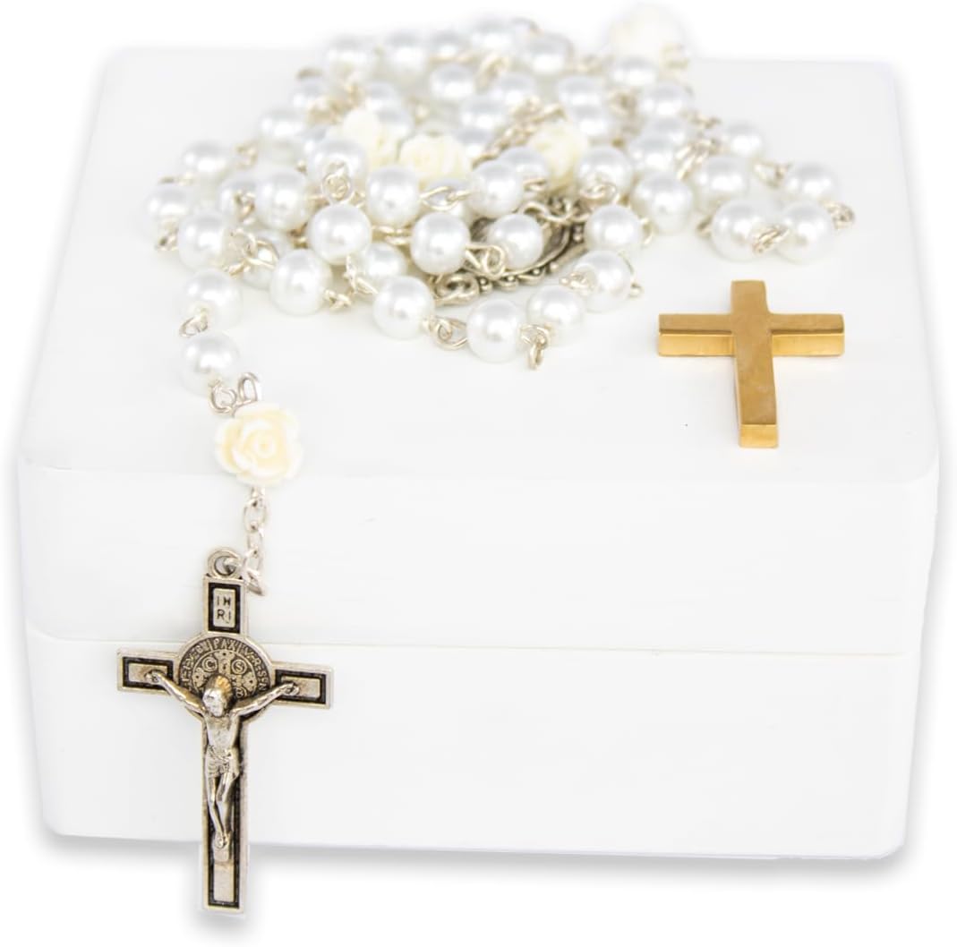 BACROS Catholic baptism gifts white pearl rosary beads front view