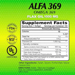 Alfa Vitamins Omega 3 6 9 organic flaxseed oil plant based supplement nutritional information panel.
