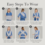 Authentic USA imported Solly Baby wrap fully tied and spread open to demonstrate universal fit.