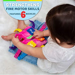 Buckle Toys Bella Square sensory toy demonstrating the six color matching straps and diverse plastic buckles