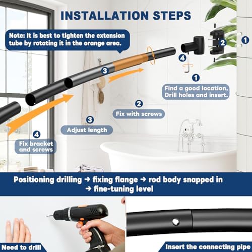 Adjustable 43-78 inch black curved shower rail details