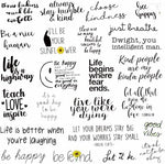 A selection of multi color positive affirmation vinyl decals arranged beautifully inside an open personal journaling scrapbook layout.