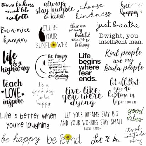 A selection of multi color positive affirmation vinyl decals arranged beautifully inside an open personal journaling scrapbook layout.