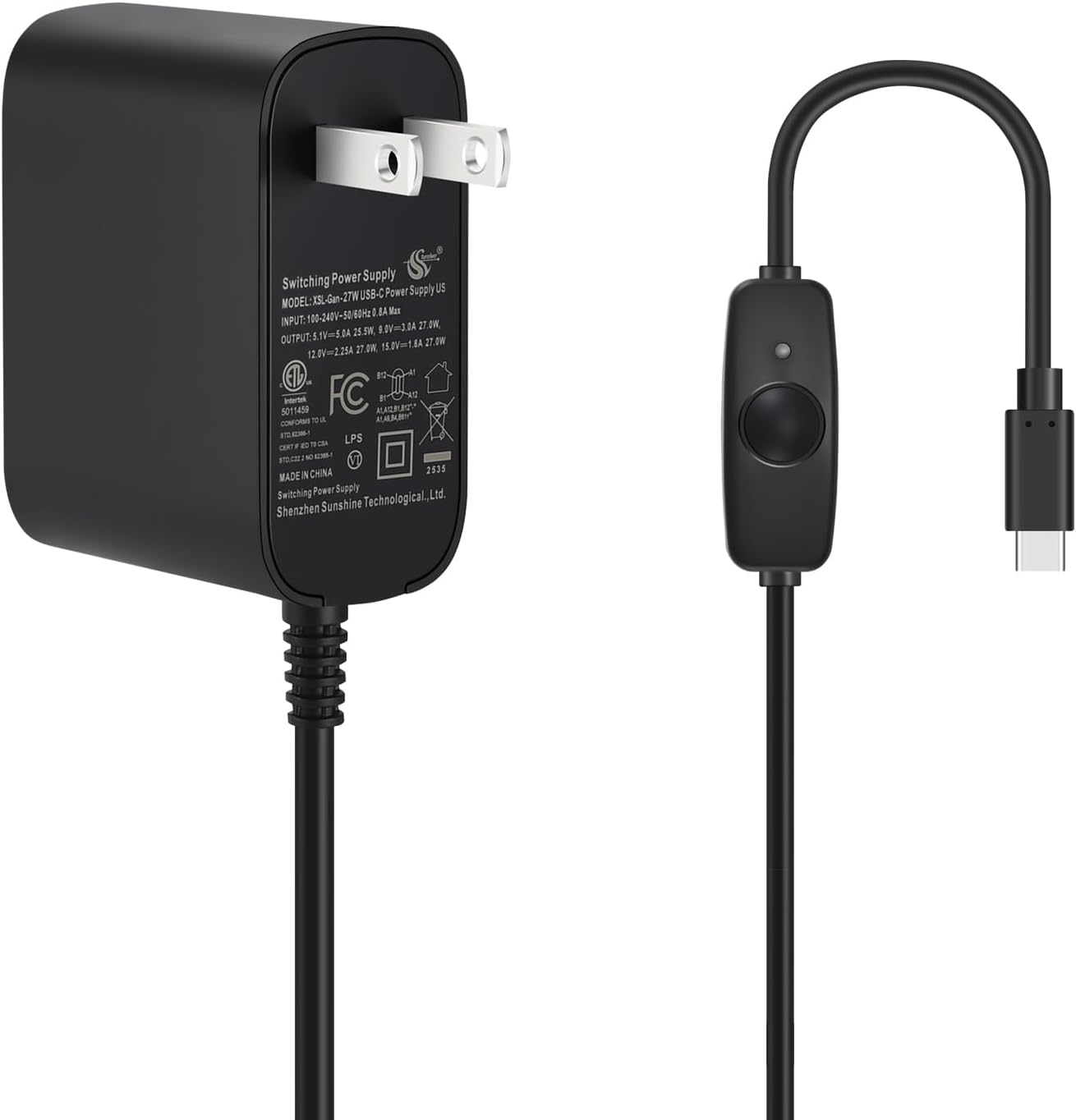 iUniker 27W USB-C switch power supply front view showing the premium GaN adapter brick and type-C connector.