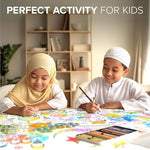 The giant festive coloring sheet taped neatly to a wall as a large interactive holiday mural.