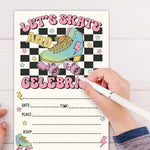 Back side and dimensions view of the four by six inch Doguiei skating birthday invitations.