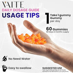 Close up of the non-GMO plant-based ingredients list on the VAITE 60 count gummy bottle.