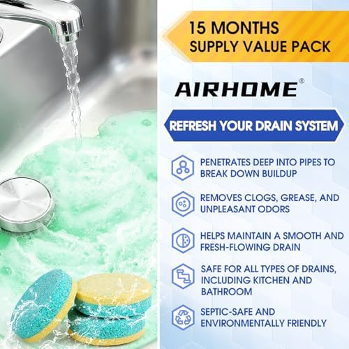 Airhome garbage disposal tablets showing tea tree and lemon scent ingredients