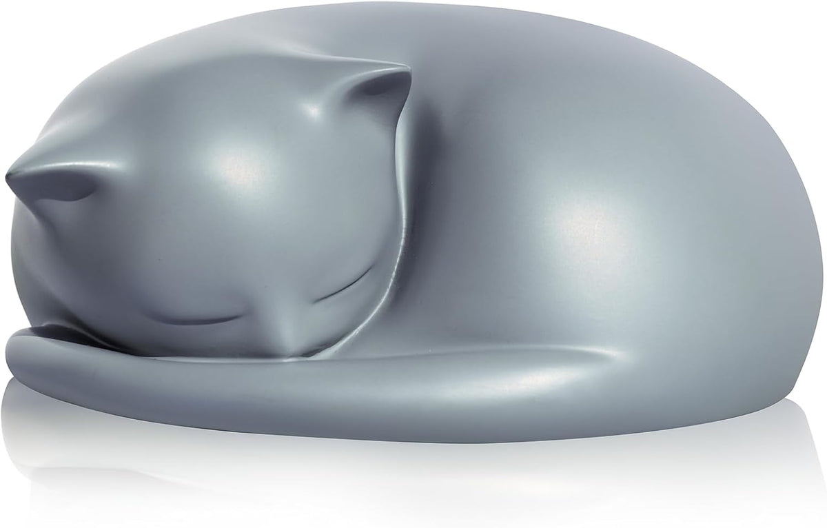 FUFYUKEY resting cat funeral urn close up showcasing the high quality matte black finish