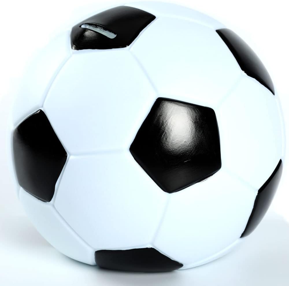 H&W soccer piggy bank front view showing classic black and white football design coin box