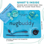 Nugbuddy reusable silicone soaker bag and bendable scrubbing brushes for deep cleaning