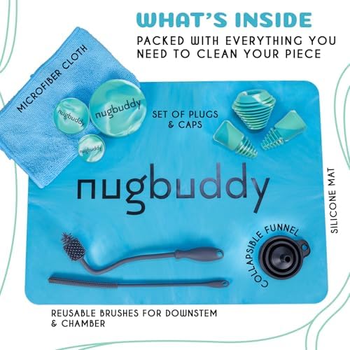 Nugbuddy reusable silicone soaker bag and bendable scrubbing brushes for deep cleaning
