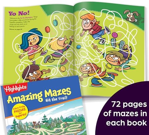 Inside preview of the Highlights expert maze books featuring intricate straight-lined and curvy paths.
