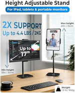 COOPER heavy duty tablet mount showing maximum 20 inch height extension with a large tablet attached