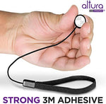 Five individual camera lens cap safety strings with elastic loops and adhesive backing buttons