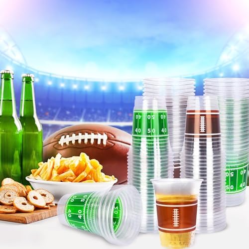 Gatherfun disposable stadium themed plastic cups filled with party drinks.