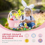 OIAHOMY pink personalized rabbit theme basket being carried by the durable handle for an outdoor hunt
