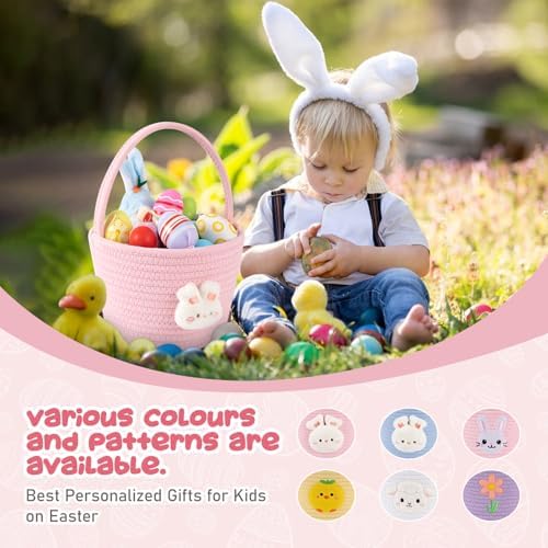 OIAHOMY pink personalized rabbit theme basket being carried by the durable handle for an outdoor hunt