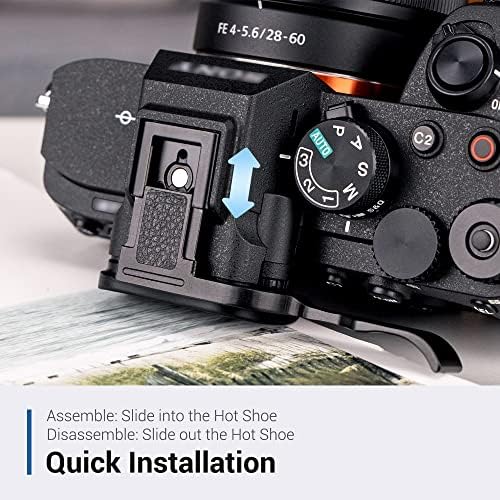 JJC metal thumb rest showing clear button and dial access on camera body back