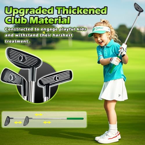 Adjustable kids golf clubs and putting mat set