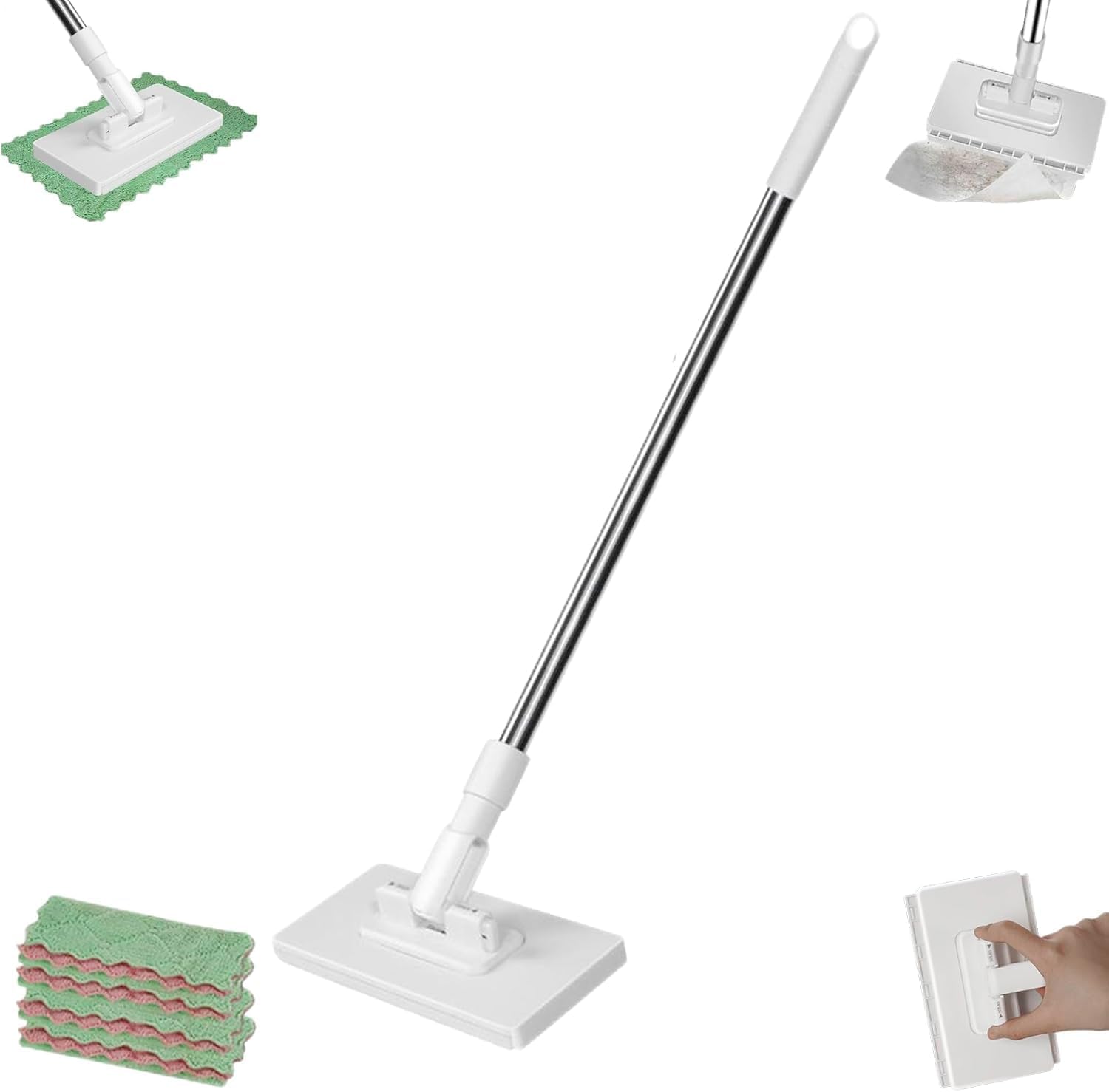 Treayes Snap Grip Mini Mop front view showing the white automatic clamping head and five blue reusable microfiber cloths