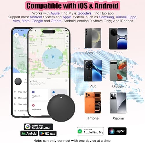Ysnusine Bluetooth item locator attached to a leather keychain next to a smartphone