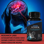 Close up of Research Labs natural astaxanthin softgels featuring enhanced bioavailable coconut oil formula.