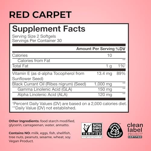 Side view of HUM Nutrition Red Carpet bottle displaying non-GMO and gluten-free certification labels