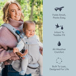 Adjustable waistband and straps on the black breathable toddler carrier.