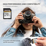 Gigastone 128GB storage card being inserted into a professional DSLR camera slot