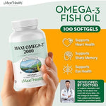 Maxi Health triple strength fish oil dietary supplement bottle showing nutritional facts label