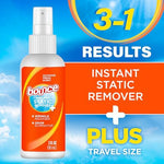 Back label of Bounce Anti Static Spray showing usage instructions and warnings.