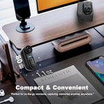 Catchallway wearable action camera shown docked inside its portable magnetic charging case alongside the charging indicators.