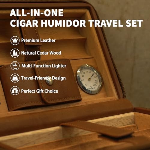 Goshentech brown leather cigar humidor box securely holding six premium cigars