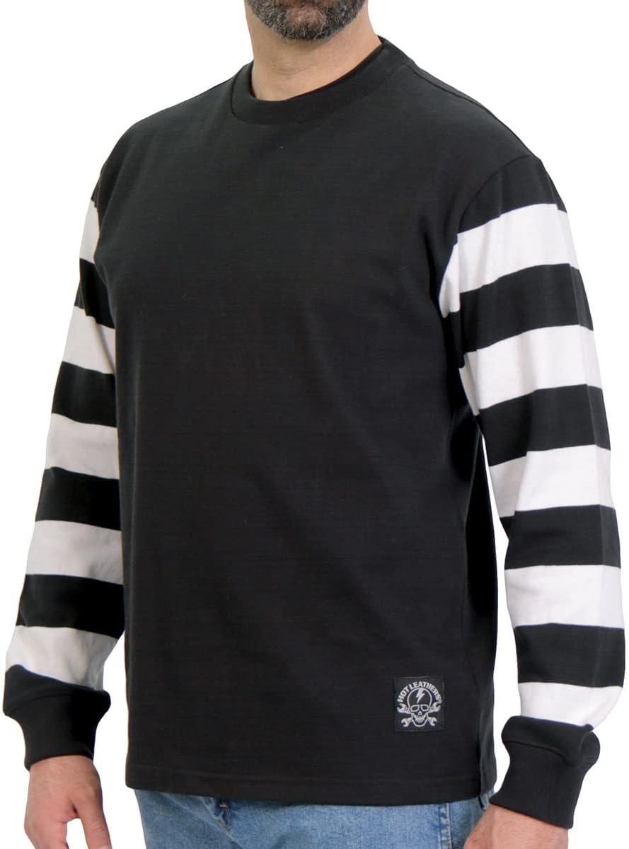 Hot Leathers GMS6002 Men Black and White Long Sleeve Striped Shirt front view showing rugby style design.