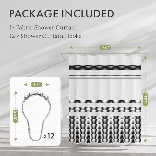 Close up view of the durable polyester cloth material on the AmazerBath black and white striped curtain.