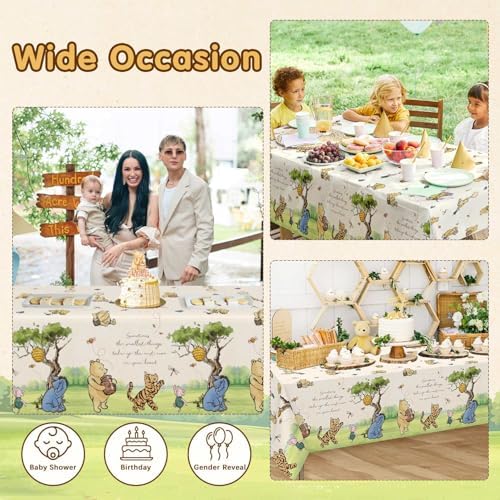 Elegant gender reveal dessert table setup utilizing the classic neutral toned bear background cloth