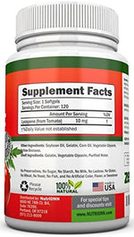 NutriONN Lycopene natural tomato extract 120 softgels supplement facts label side view