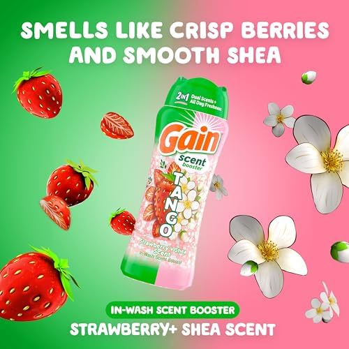 Pouring Gain strawberry and shea scent beads into a washing machine drum