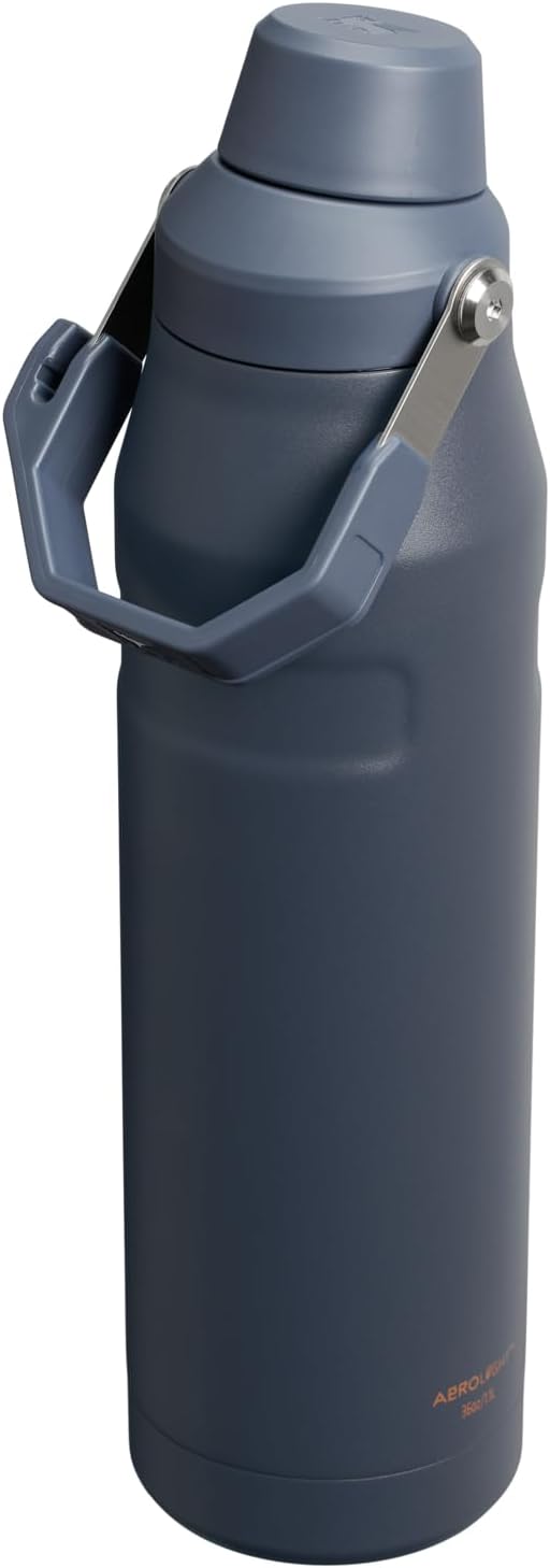 Stanley IceFlow thirty-six ounce hydration flask highlighting the integrated cap holder built directly into the carrying handle.