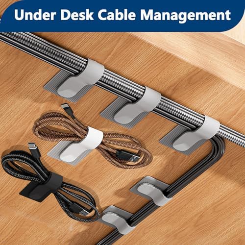 Abnii under desk cable organizer straps peeled and applied to a clean desk surface