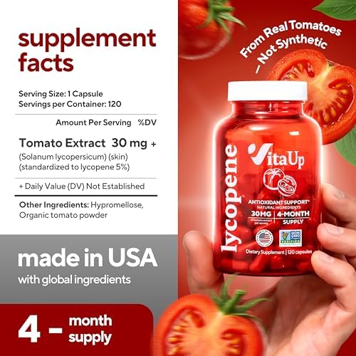 Close up of VitaUp prostate support capsules highlighting the 30mg natural tomato extract ingredient facts.