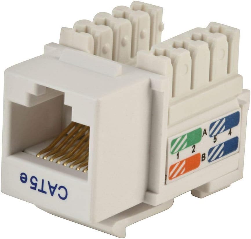 Monoprice Cat5e punch down keystone jack white front view showing the RJ45 port.