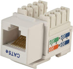 Monoprice Cat5e punch down keystone jack white front view showing the RJ45 port.