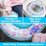 Close up view of the cushioned baby toilet adapter showing the contoured front splash guard.