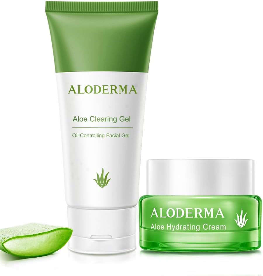 Aloderma Aloe Oil Controlling Set front view showing the clearing gel and hydrating cream bottles.