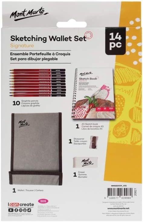 Mont Marte 14pc drawing set grey fabric pencil wallet closeup