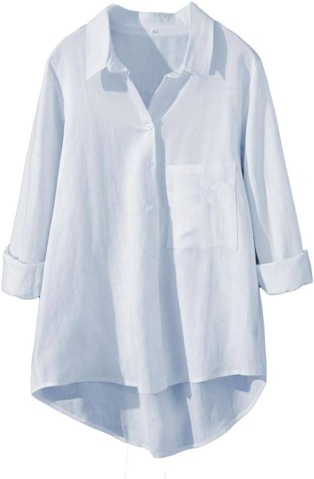 Minibee Women's Long Sleeve Shirts Button Down Blouse Cotton Tunic High Low Tops - Image 9