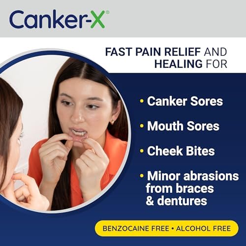 Canker-X mouth ulcer treatment gel highlighting the benzocaine-free and alcohol-free formula labels.