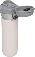 Stanley insulated stainless steel travel flask with push button lid open.